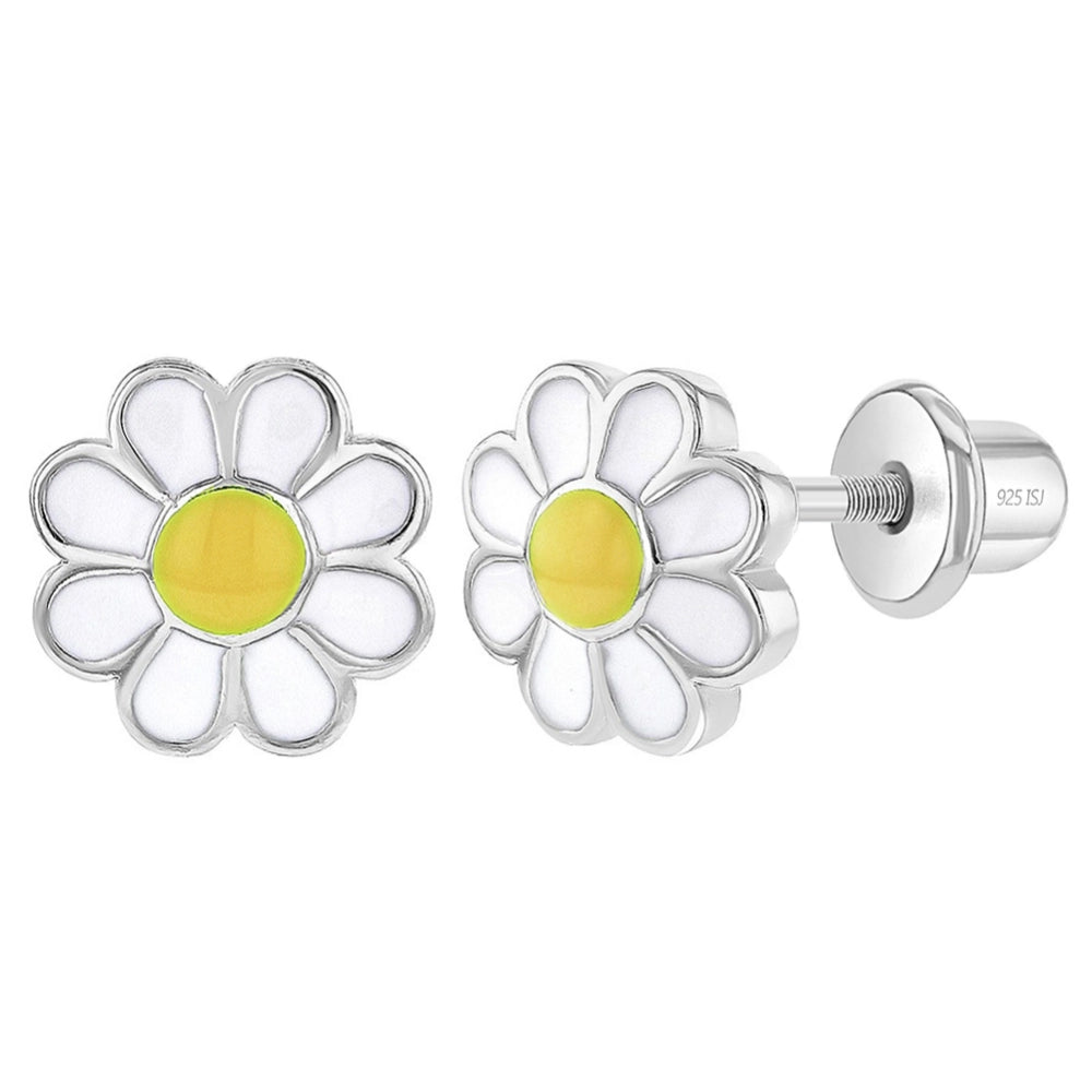 Children's Sterling Silver Enamel Daisy Screw Back Earrings