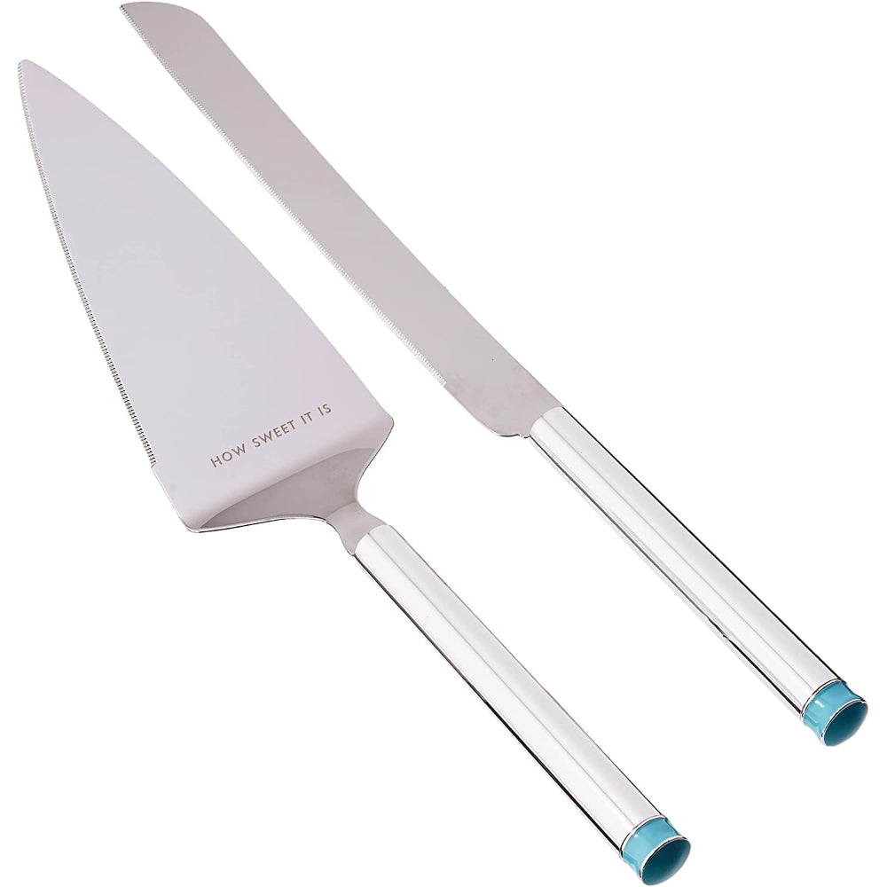 Two cake knives with turquoise accents on a white background.