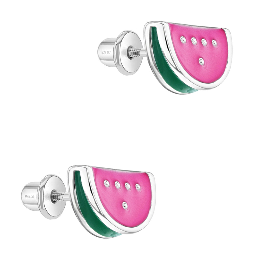Children's Sterling Silver Enamel Watermelon Screw Back Earrings