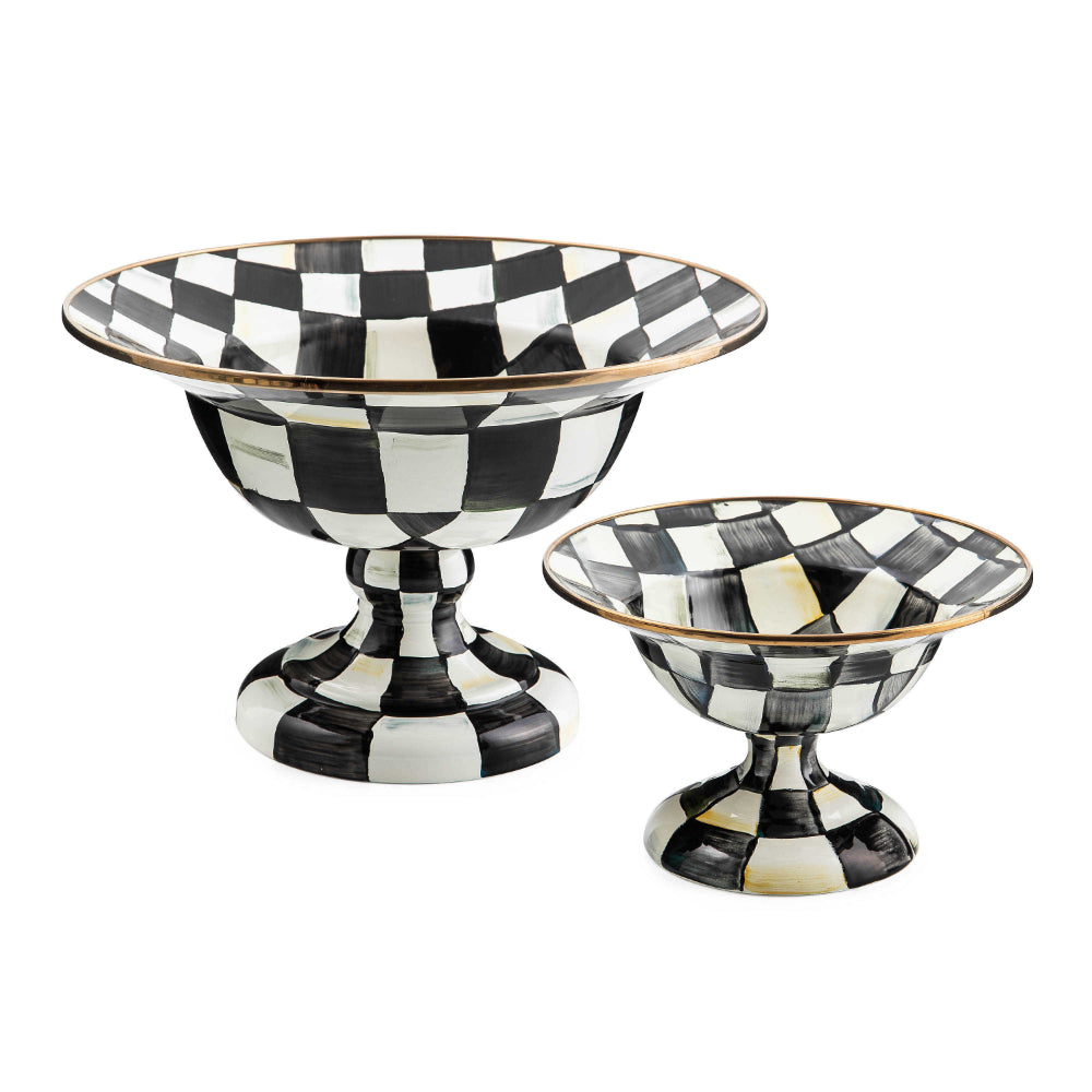 Two large & small black and white checkered bowls with gold rims on a white background