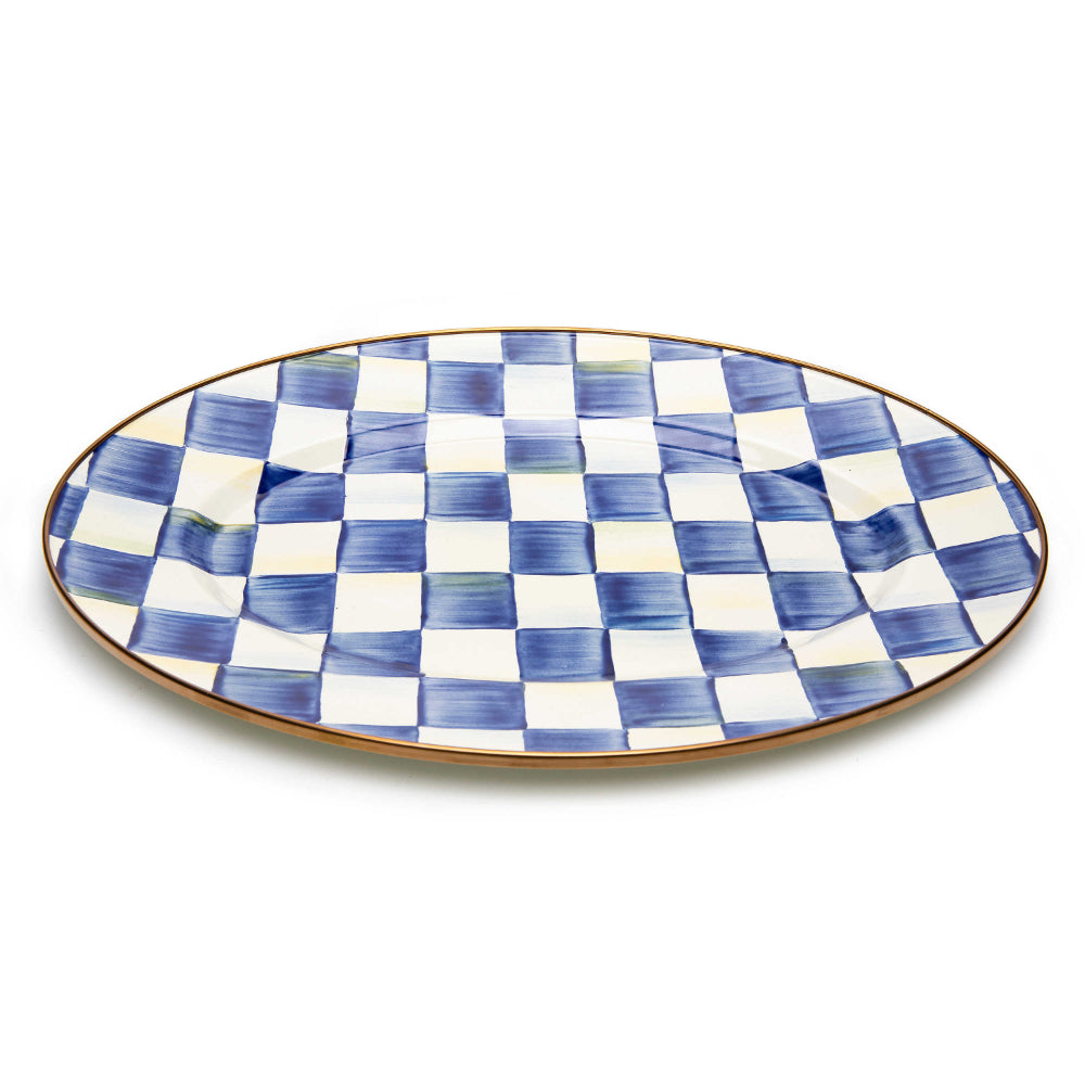 A side photo of MacKenzie-Childs Small Royal Check Enamel Oval Platter