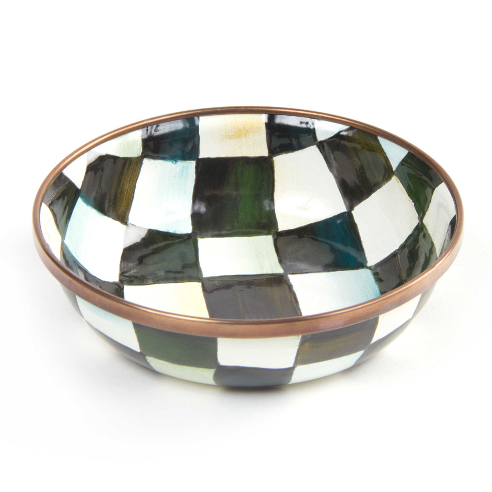 A hand-painted enameled steel relish dish with black and white checkered pattern and bronzed stainless steel rim.