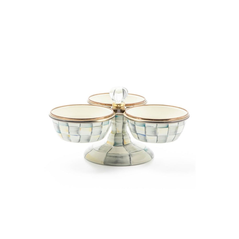 MacKenzie-Childs Sterling Check Enamel Triplicity on a white backround 