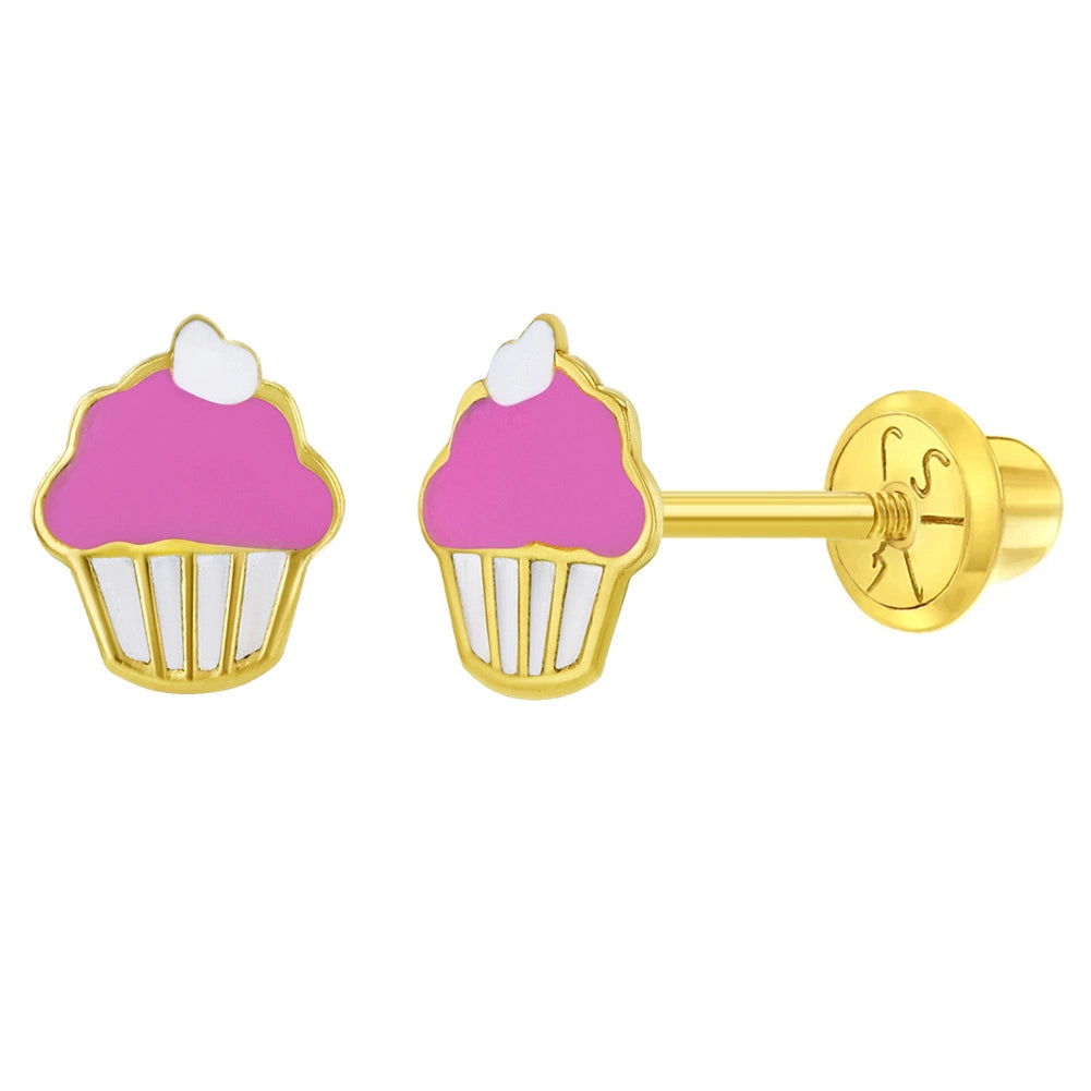 Children's 14k Yellow Gold Enamel Pink Cupcake Safety Screw Back Earrings
