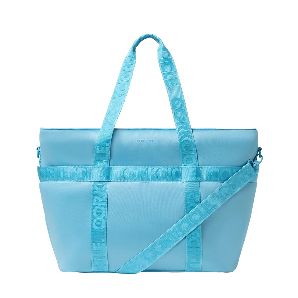 Light blue Corkcicle Estelle Tote-Periwinkle bag on a white backround.