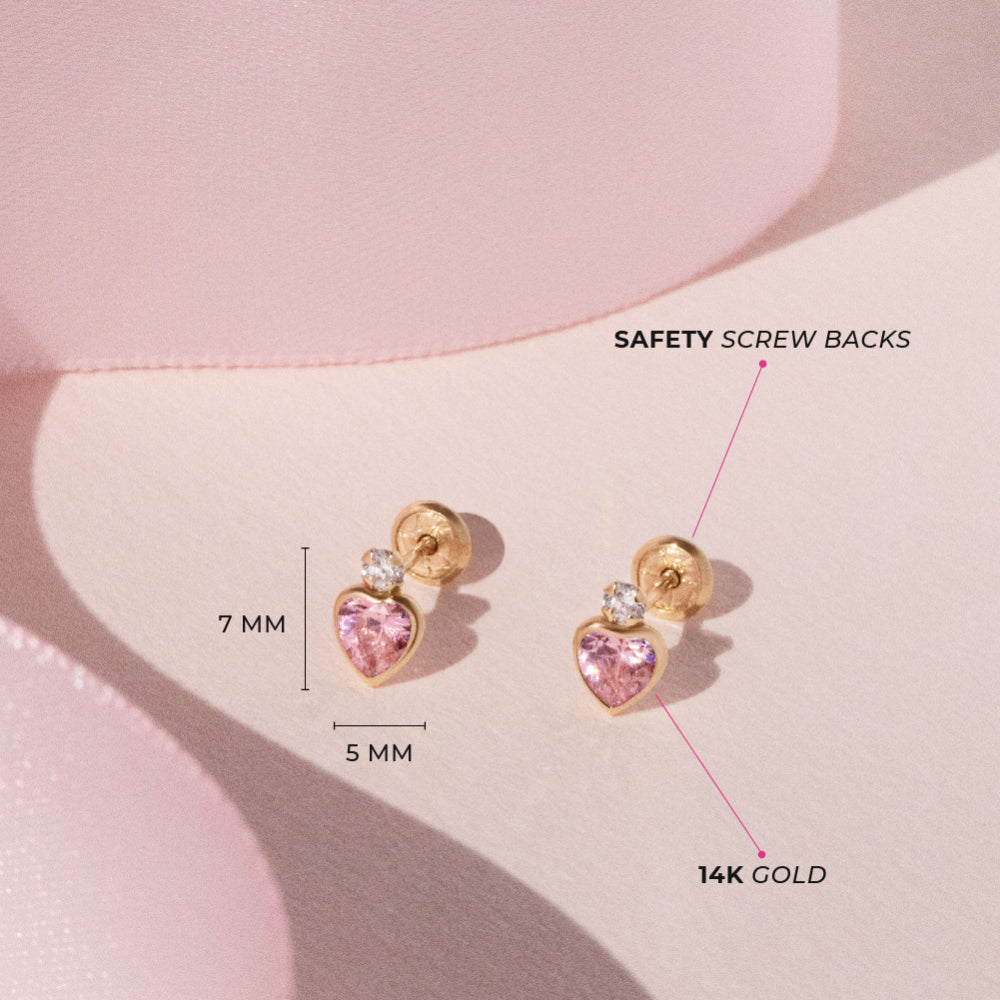 Children's 14k Yellow Gold Clear Pink CZ Heart Screw Back Earrings