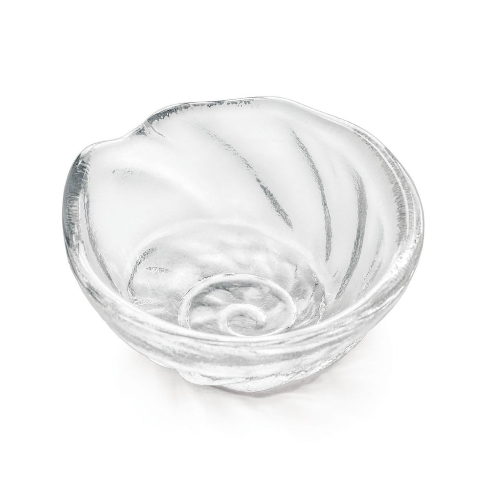 Clear glass  bowl with a unique shell design on a white background