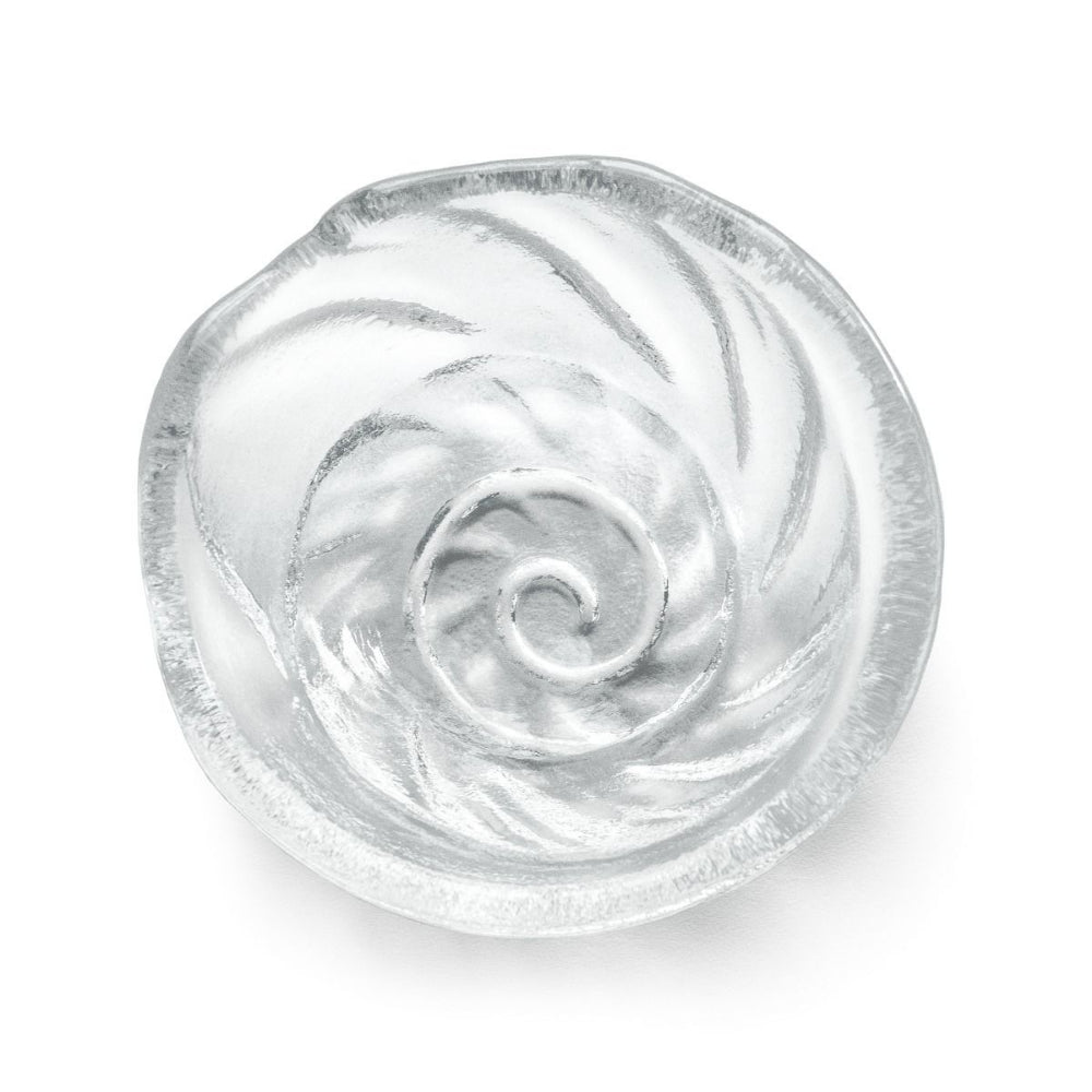 
A photo of the top of a clear glass  bowl with a unique shell design on a white background.