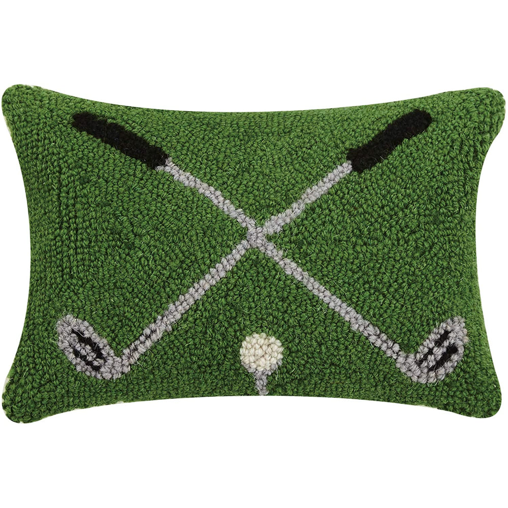 A rectangular green wool hooked pillow with a design of crossed golf clubs and a golf ball, featuring a cotton velvet backing.