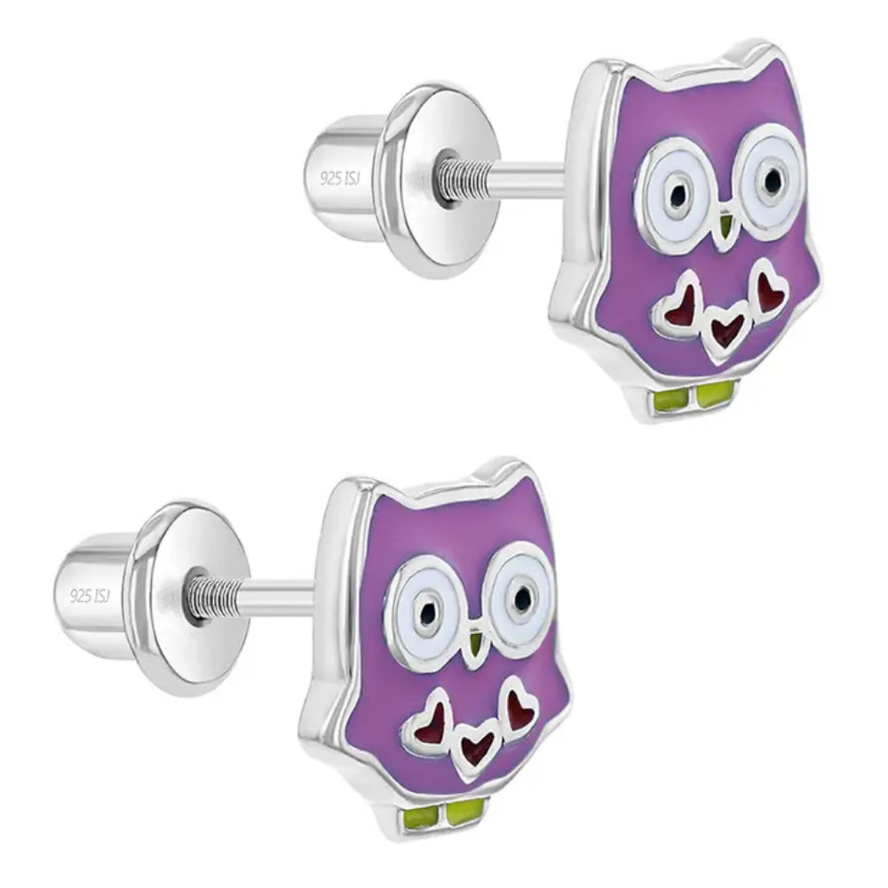 Children's Sterling Silver Enamel Purple Owl Stud Earrings