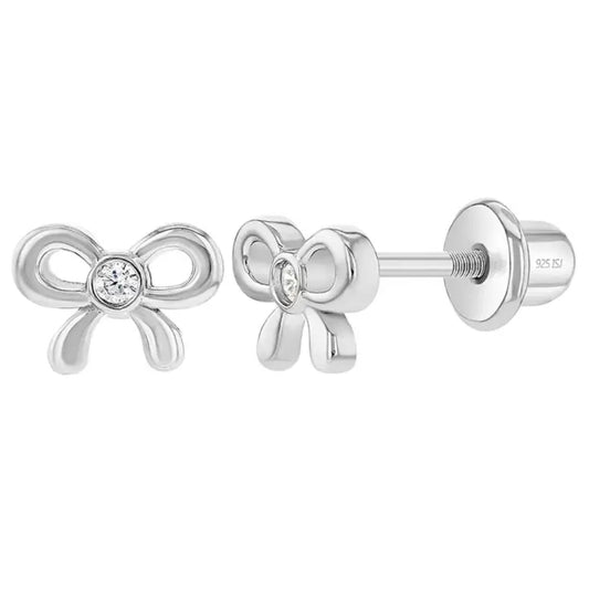 Children's Sterling Silver & Clear CZ Bow Stud Earrings