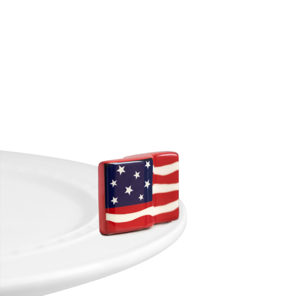 Small rectangular mini decor piece American flag design on a white plate egde on a white back ground