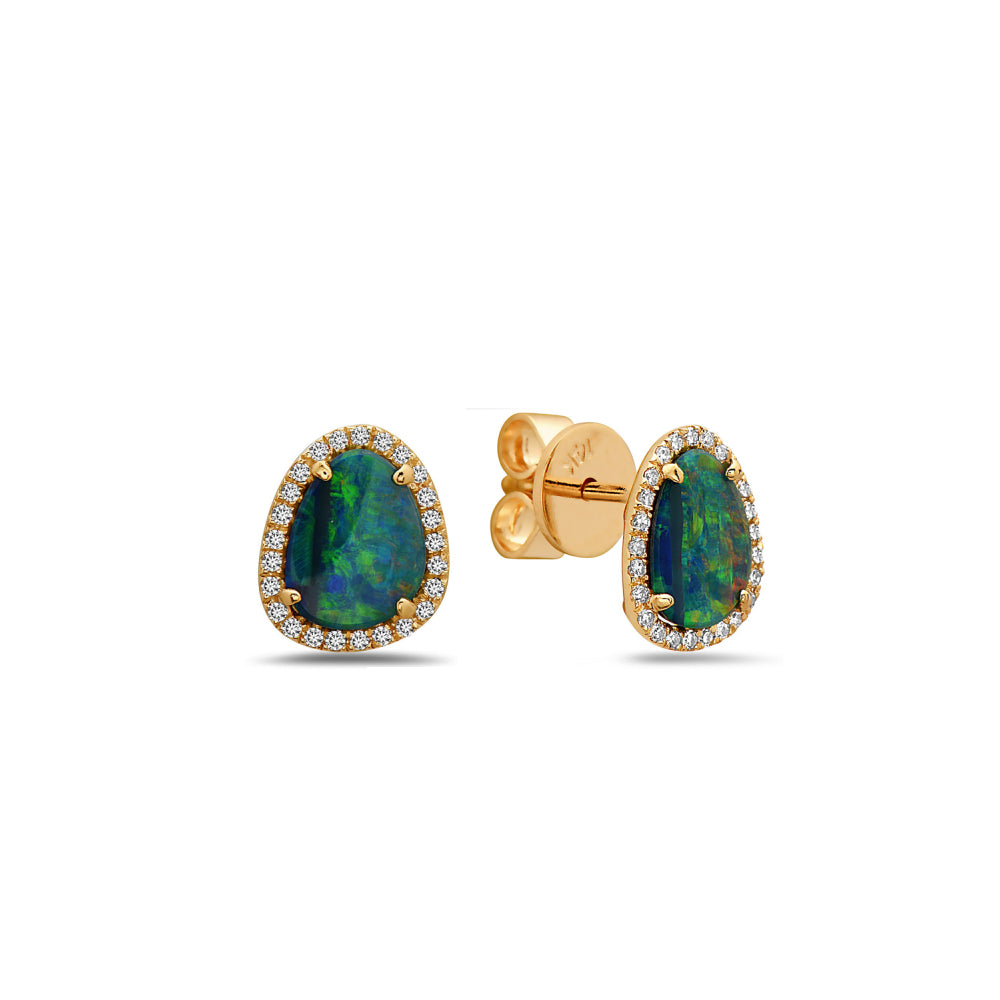 14k Gold Black Opal and Diamond Stud Earrings