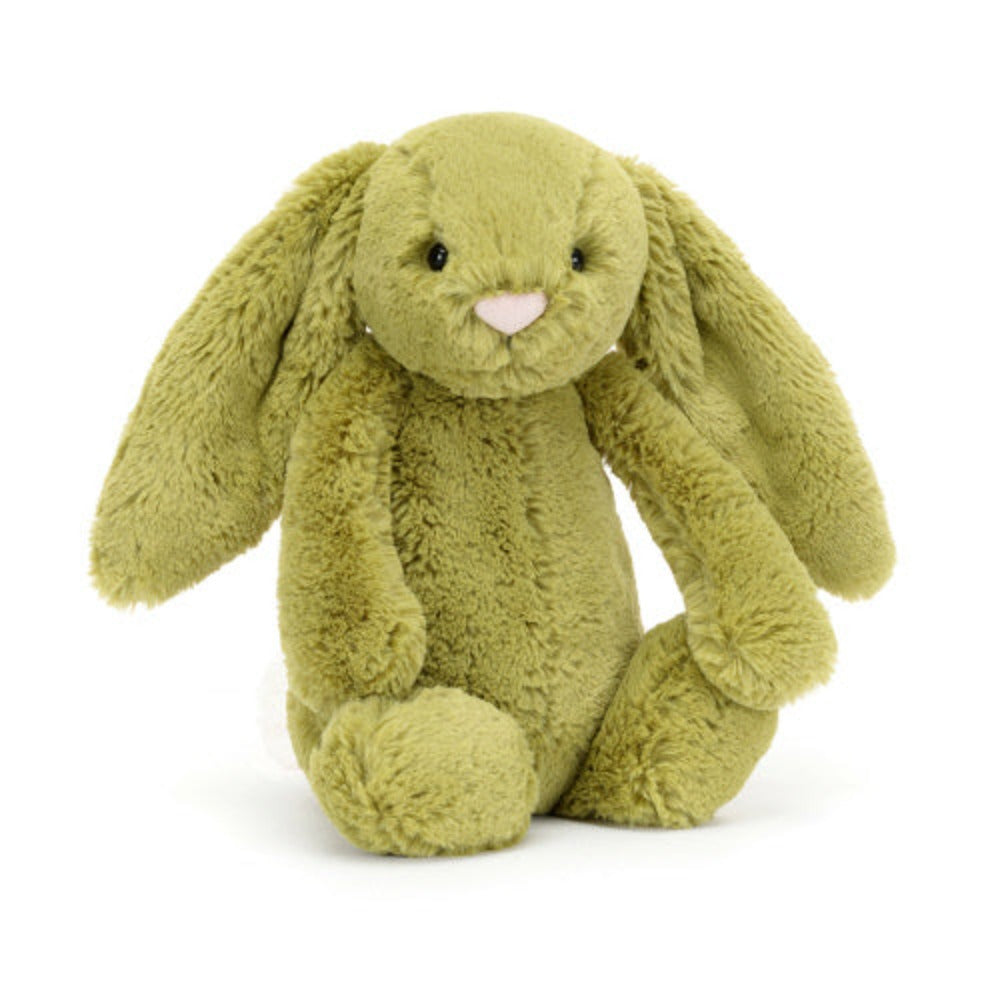 A green stuffed bunny toy with a soft texture on a white backround.