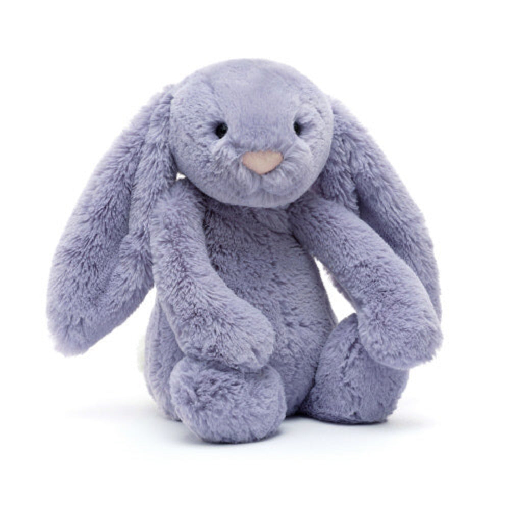 A plush violet blue bunny toy with a soft texture on a white backround.