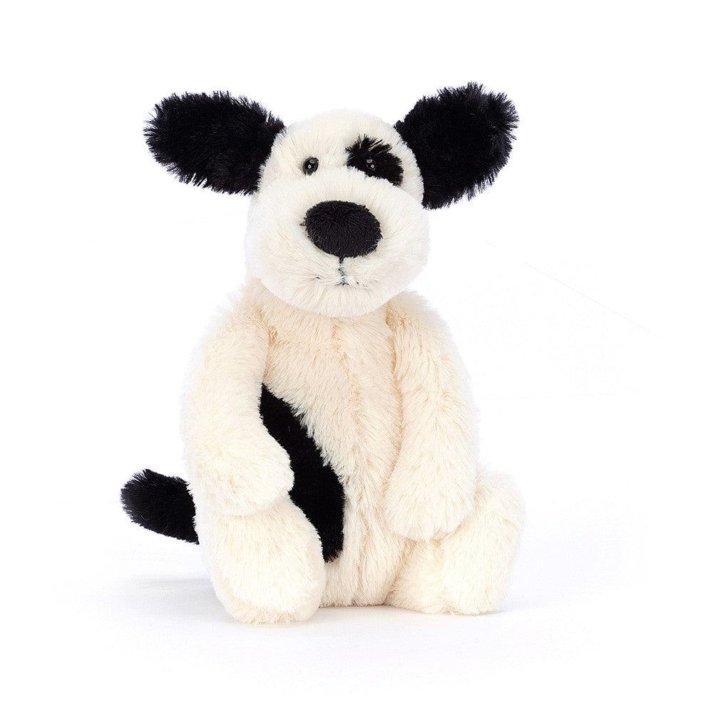 A  front photo of the little size  Jellycat Bashful Black and Cream Puppy on a white backround.