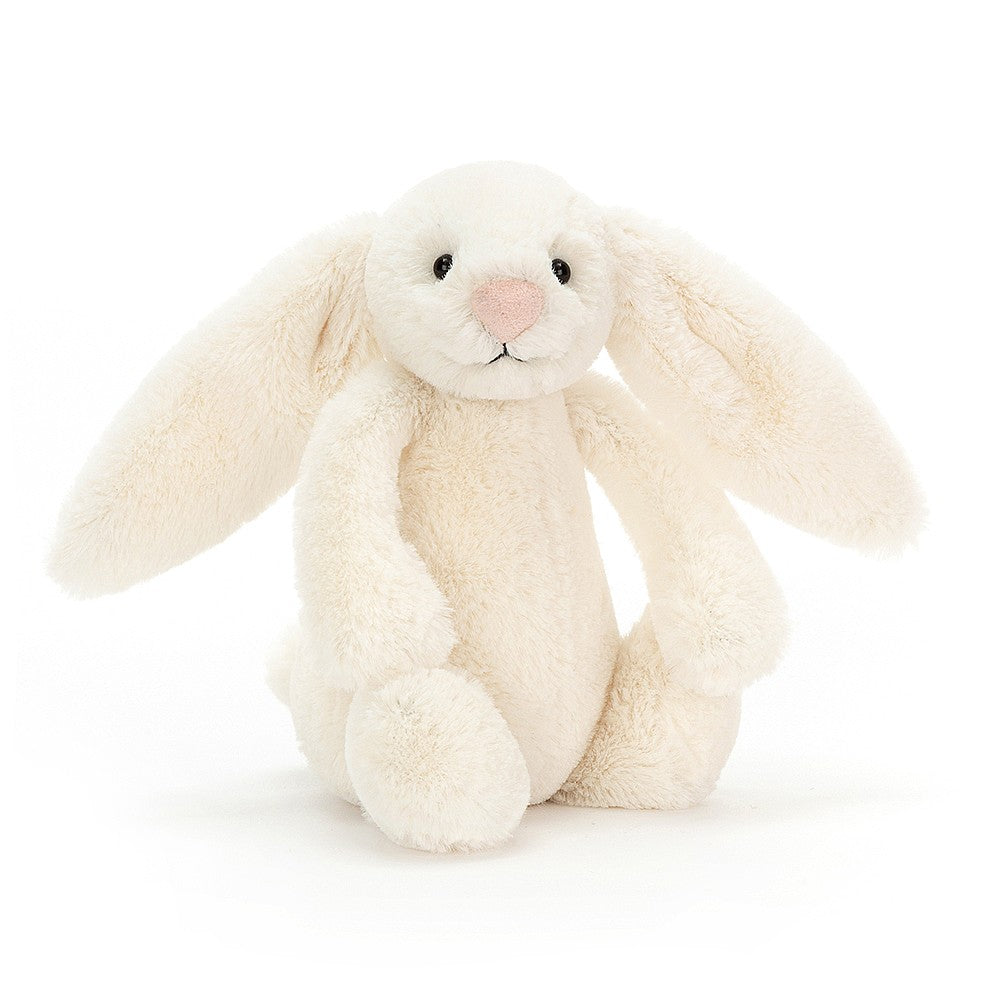 Little size cream-colored plush bunny toy on a white background.
