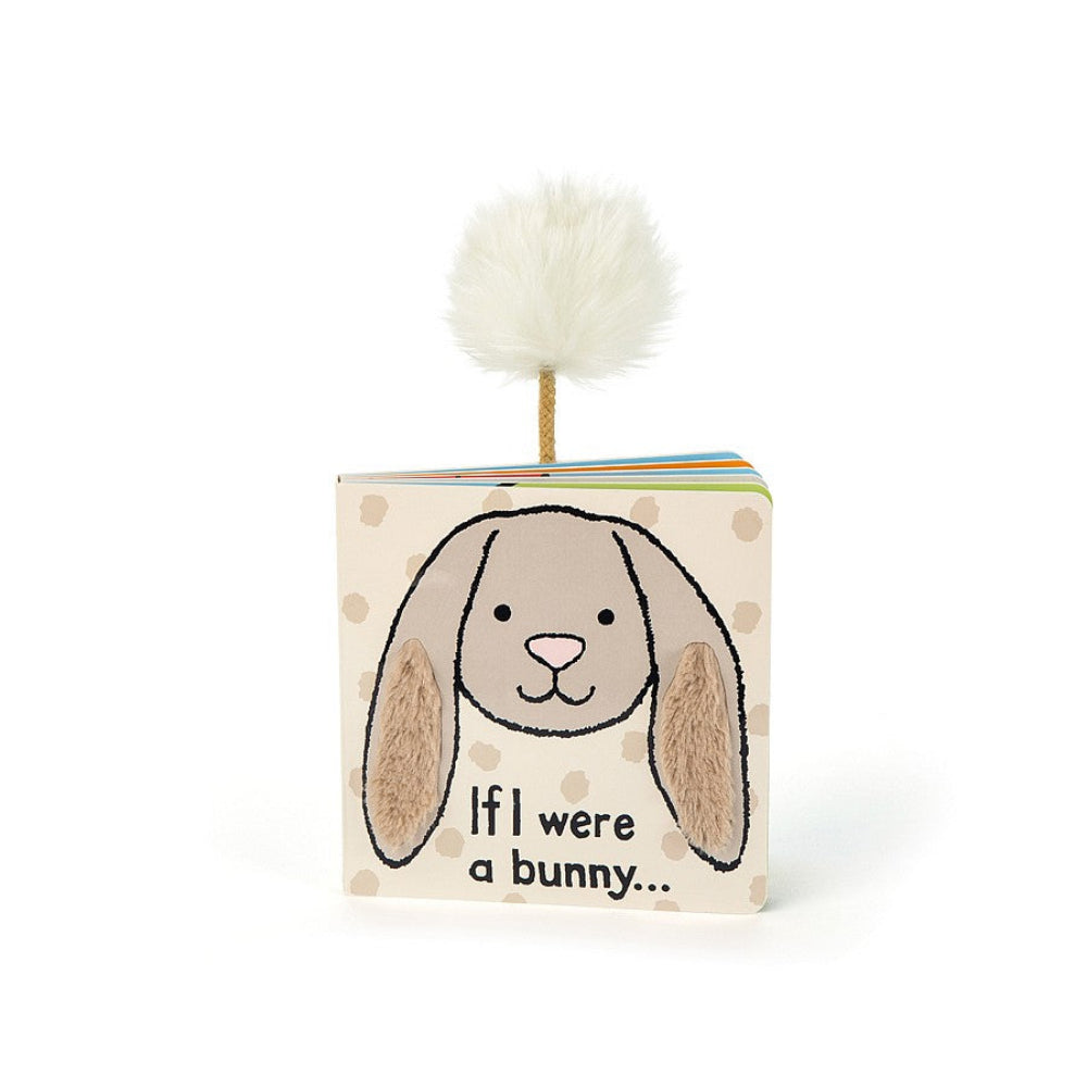 The beige book cover of the book "If I Were a Bunny" with a beige bunny face and poka dots with fur and a white tail on a white backround. 