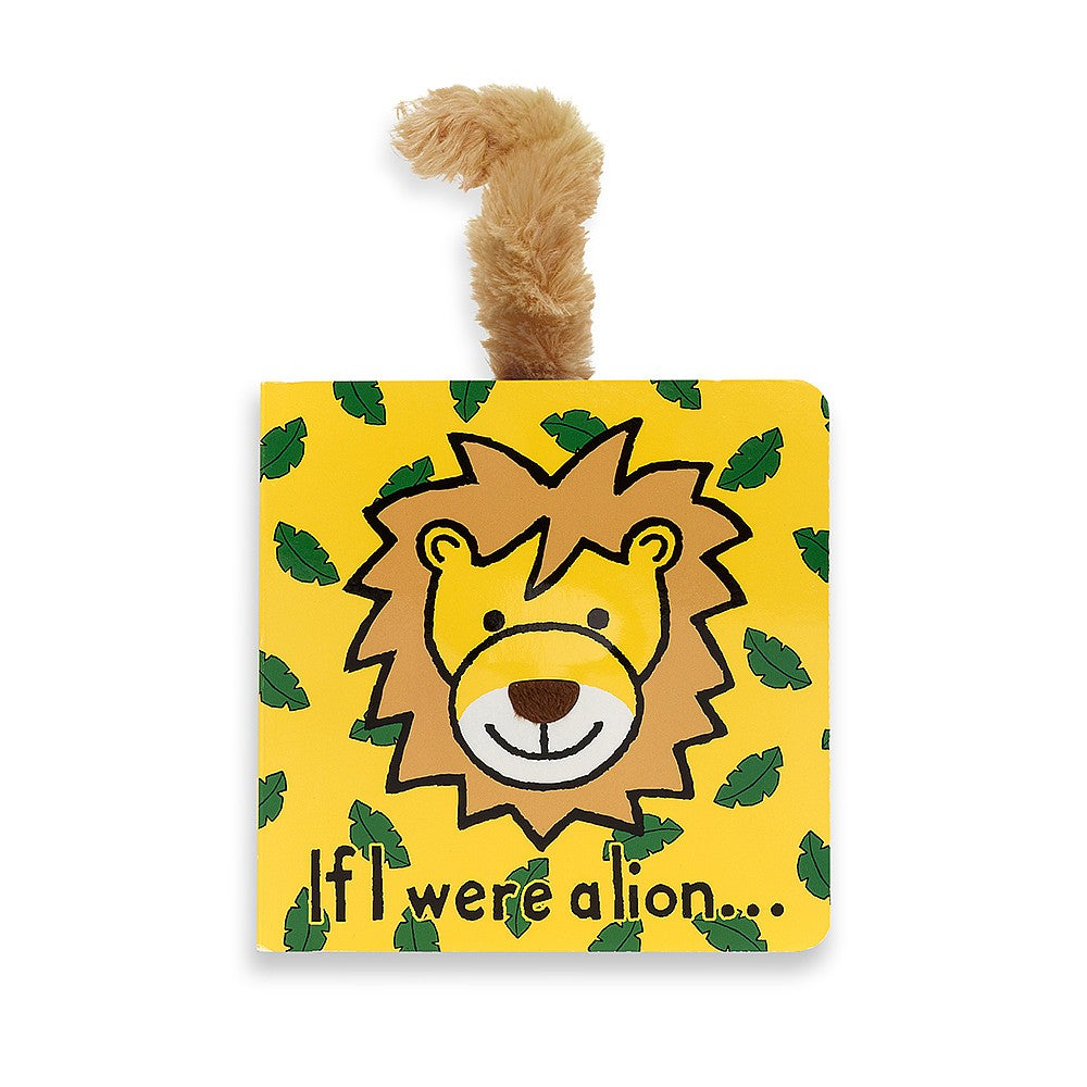 Children's book with a lion illustration with back text "If I Were a Lion" Book on a yellow background.