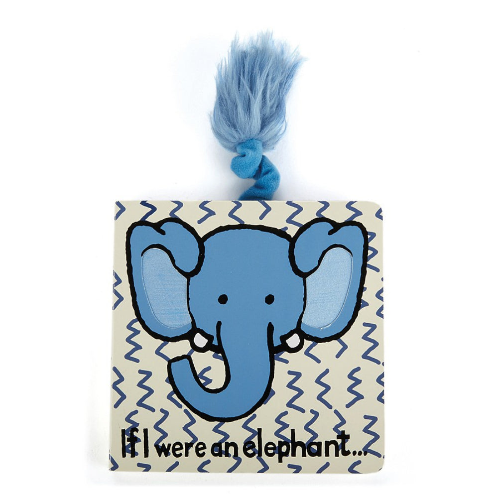 Children's book with a blue elephant illustration and black text "If I was a Elephant" on a white background