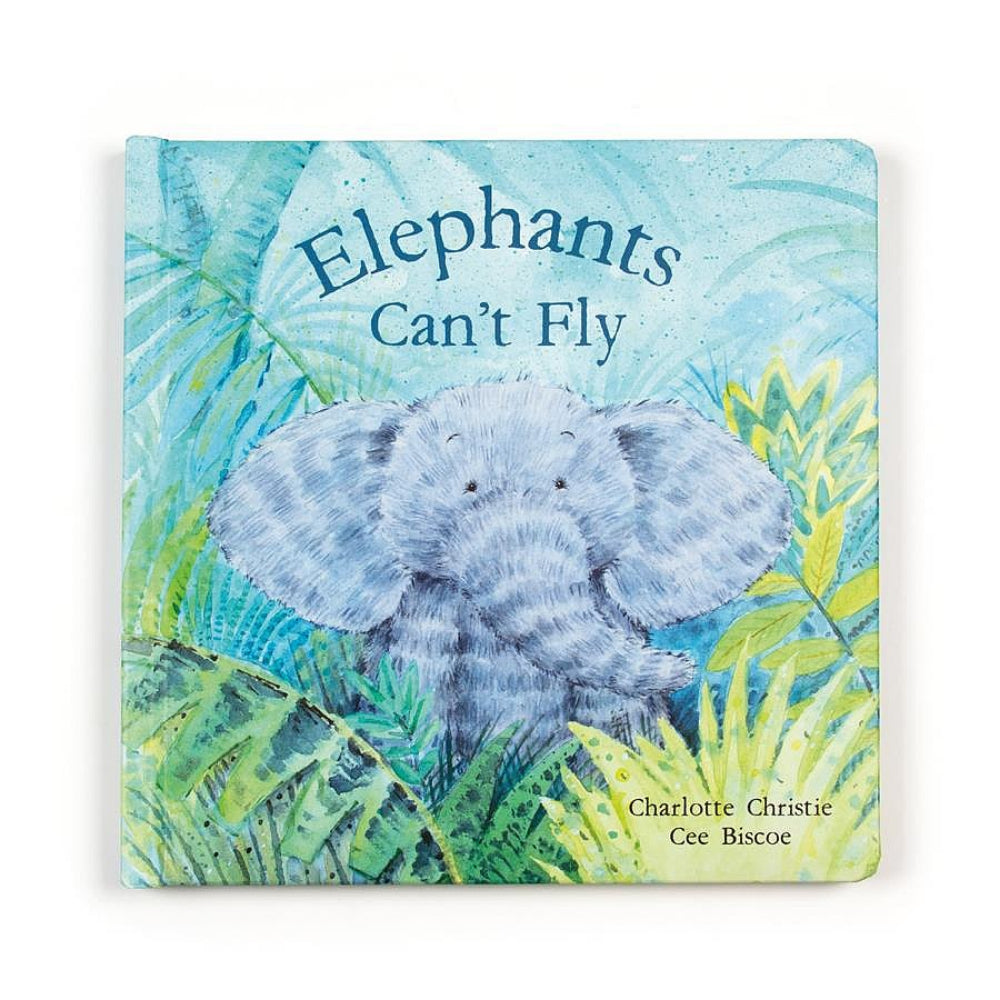 Cover of the 'Elephants Can't Fly' book featuring an illustration of a gray elephant with a background of green leaves.