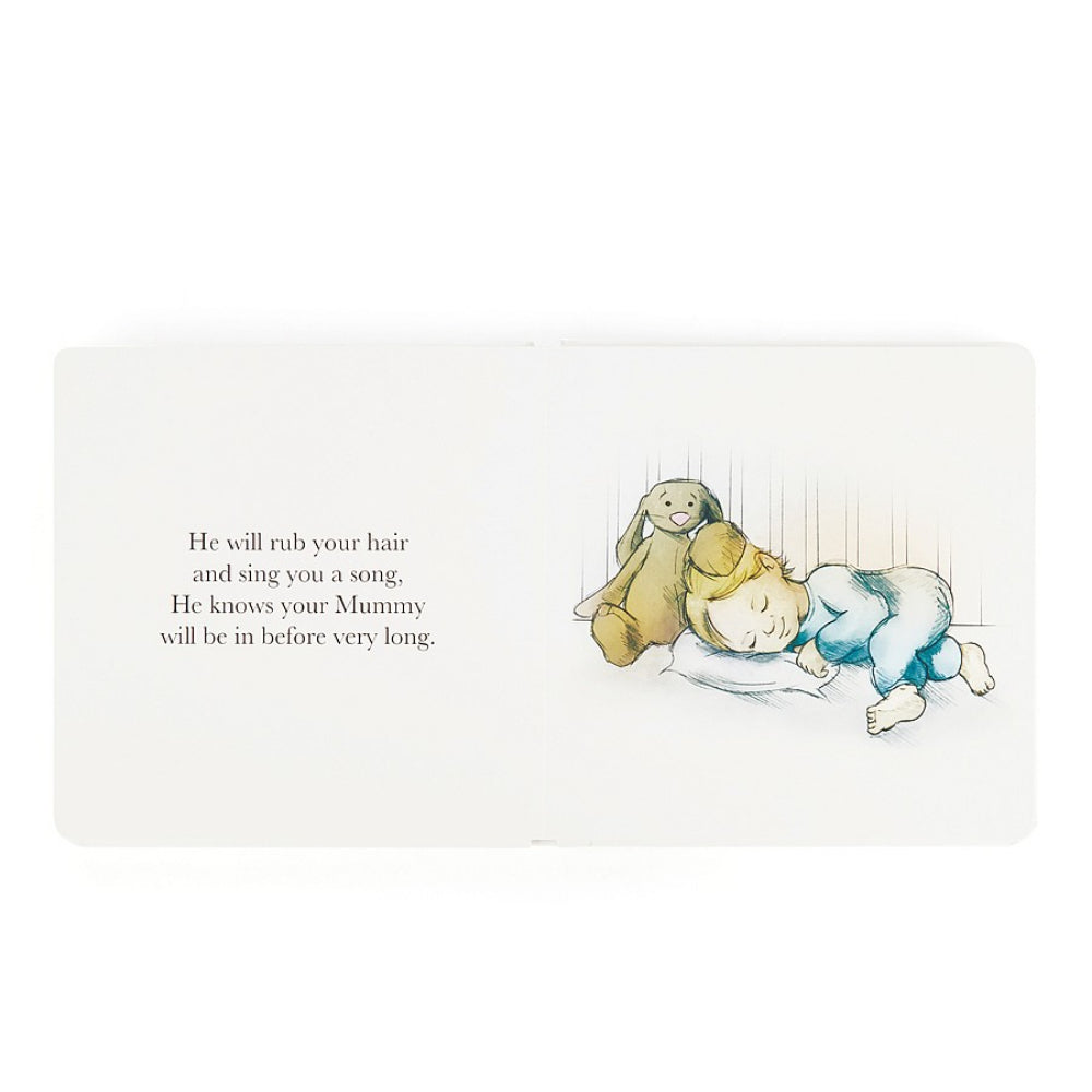 Book titled 'The Magic Bunny' with a bunny illustration with a boy sleeping in blue pajamas with text on a white background.