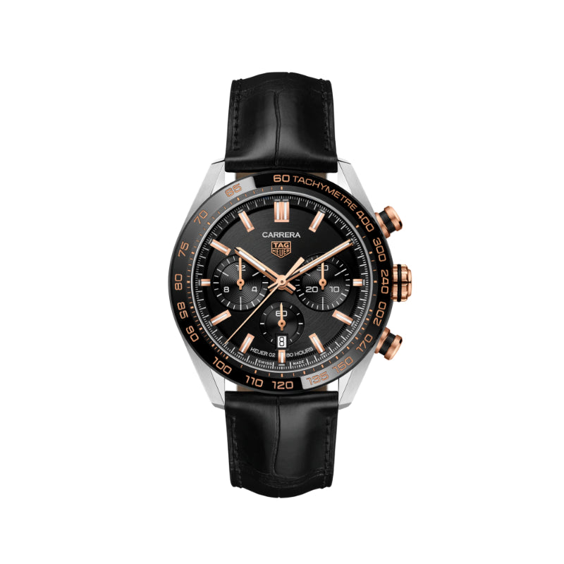 Tag Heuer Carrera 44mm Calibre HEUER02 Automatic Chronograph - Black/18k Rose Gold