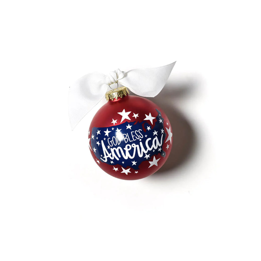 Ornament with "God Bless America" with red, white, and blue colors, white stars, and a white bow tied on top. 