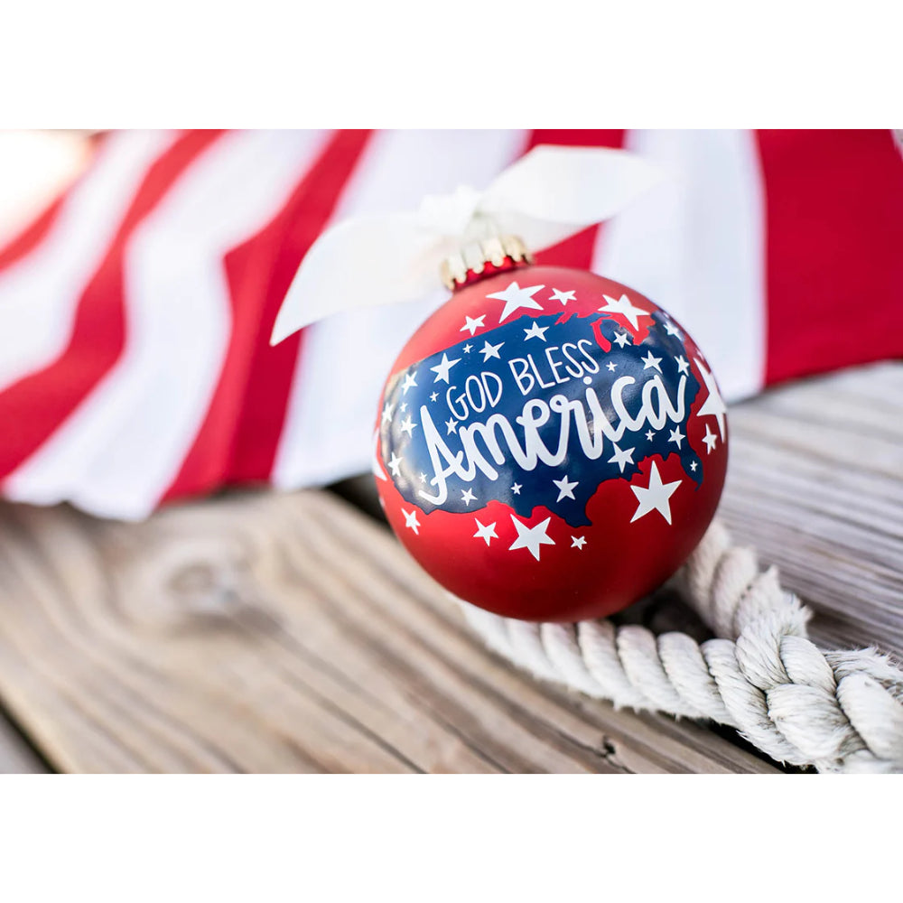 God Bless America ornament on USA themed color display. 