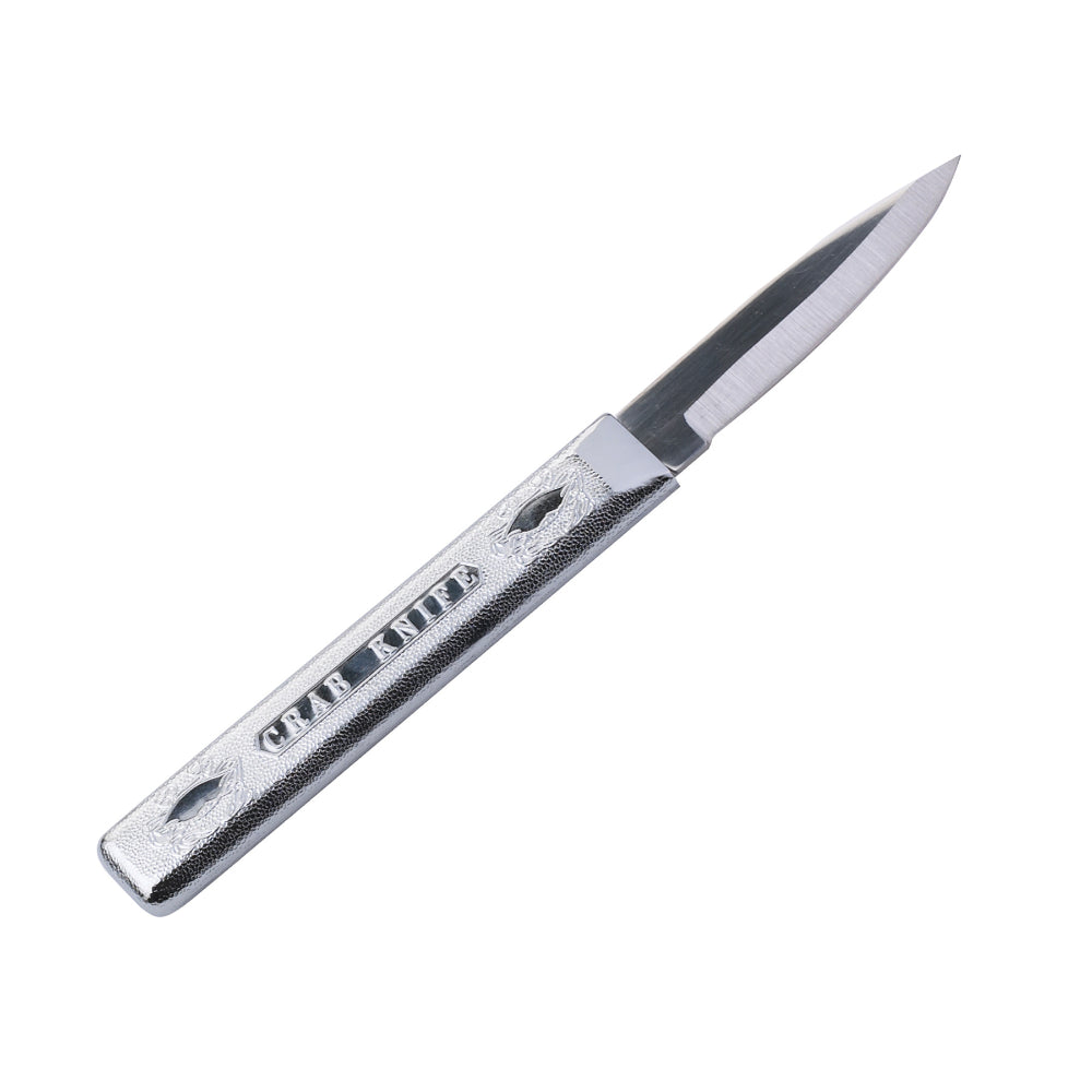 Silver crab knife with "Crab Knife" text on textured handle on a white background.