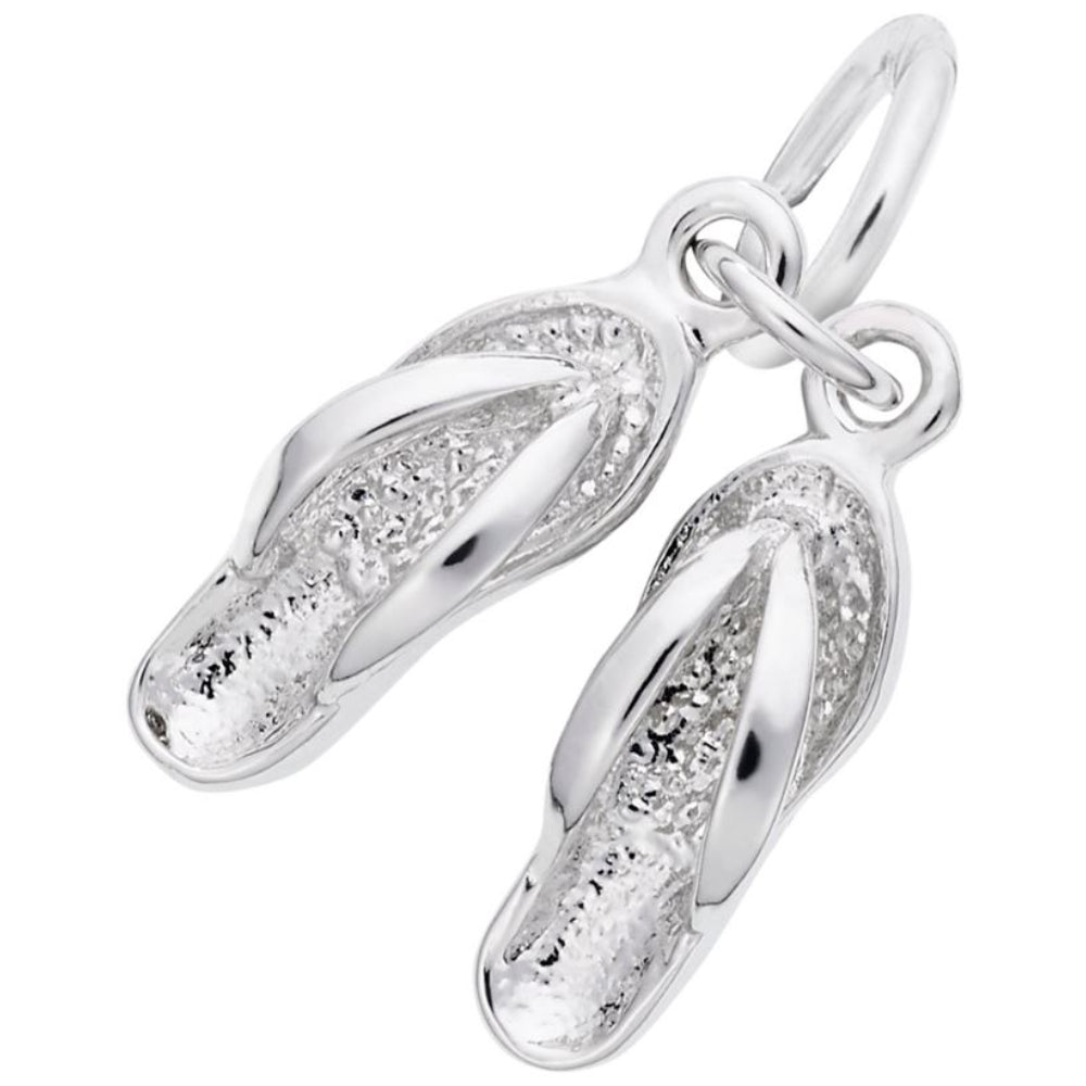 A sterling silver pair of flip flops accent charms with a chain attached.