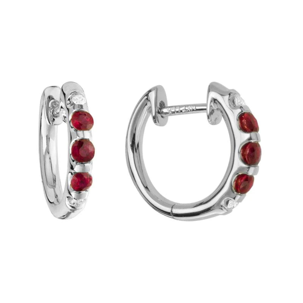 14k White Gold Ruby & Diamond Hoop Earrings