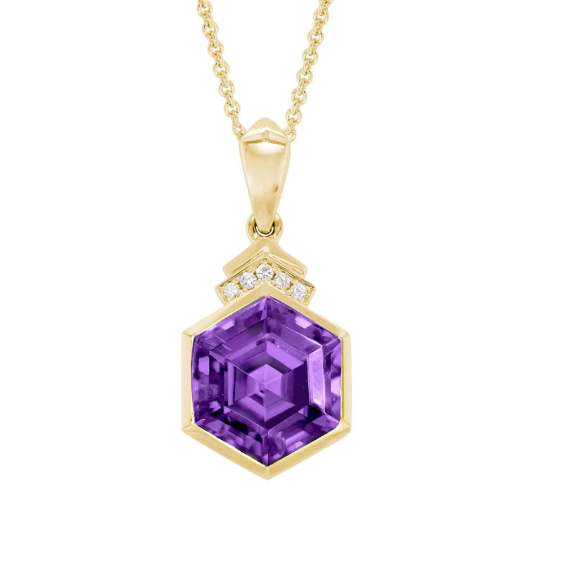 14K Yellow Gold Amethyst and Diamond Drop Necklace