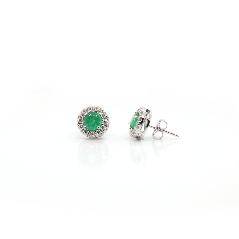 14K White Gold Emerald and Diamond Halo Earrings