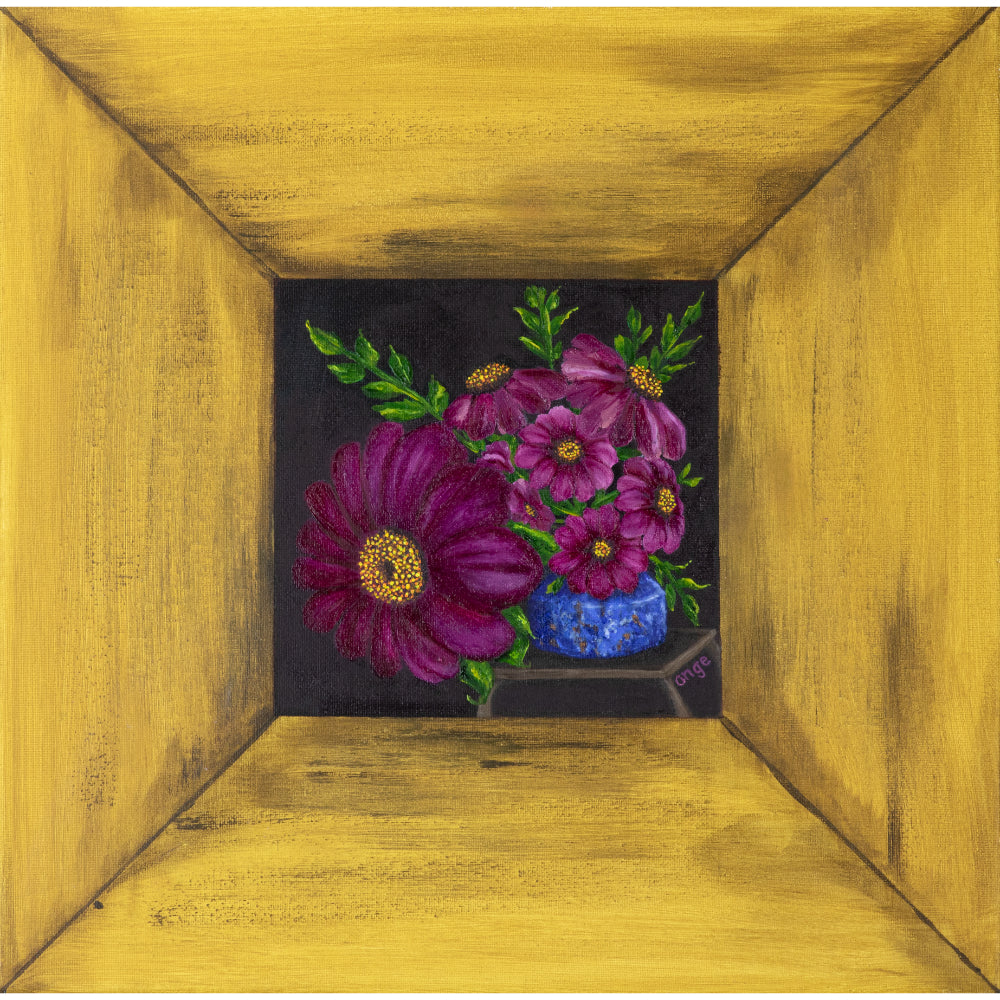 Artwork for Animals Angelica Goodwin Original Yellow Wood Frame Pink Flowers Canvas Print