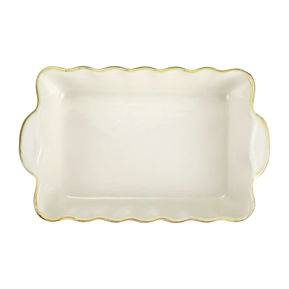 Top photo of vietri italian medium rectangular baker with a white interior on a white backround 