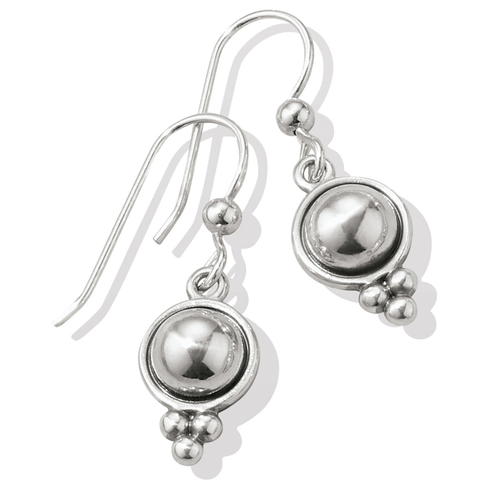 A pair of silver stud earrings with beaded ornamentation connected to French wire hooks.