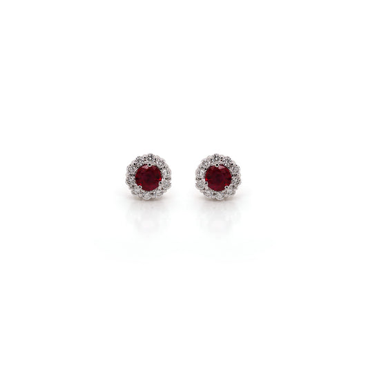 18k White Gold Round Ruby Stud Earrings with Diamond Halo
