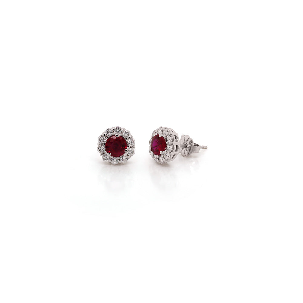 18k White Gold Round Ruby Stud Earrings with Diamond Halo