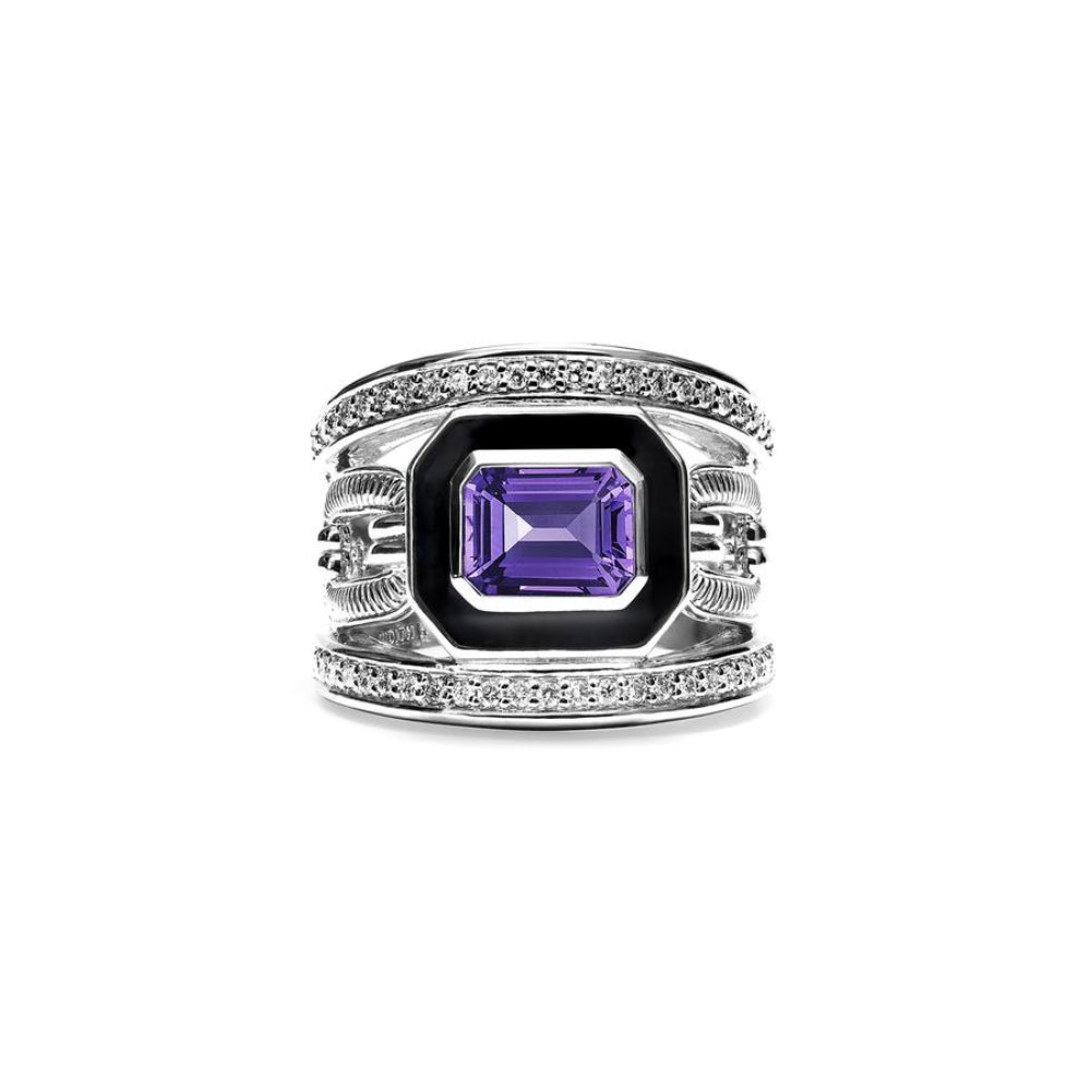 Judith Ripka Adrienne Band Ring With Enamel, Amethyst and Diamonds
