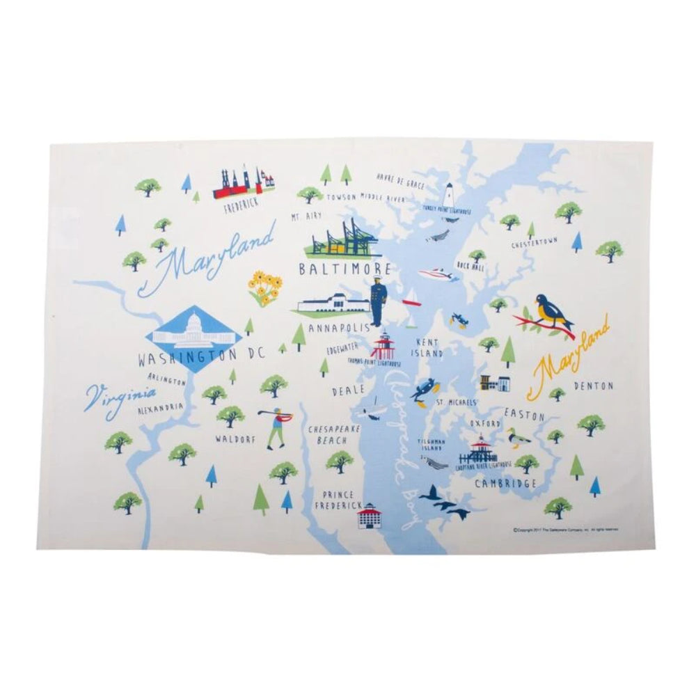 A towel of with a map of Maryland on it with various icons and labels on a white background.