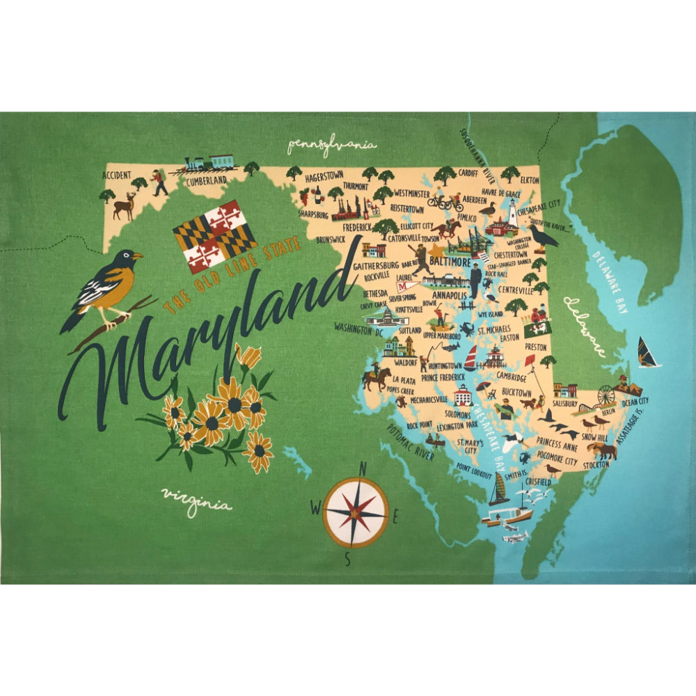 Map of Maryland with illustrations and text on a green background.