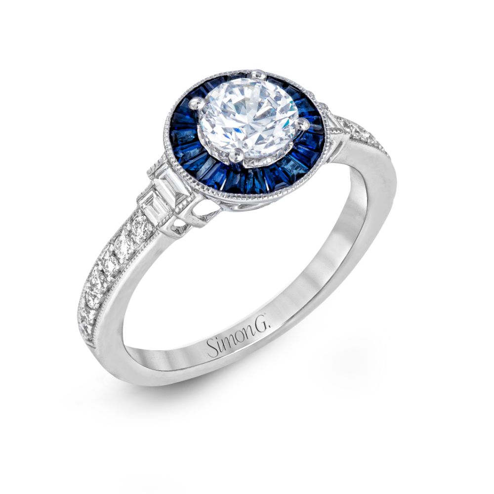 Simon G. Round-Cut Engagement Ring with Sapphire Halo