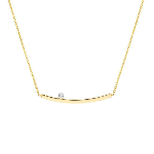 14k Gold Curved Bar Necklace with Single Diamond