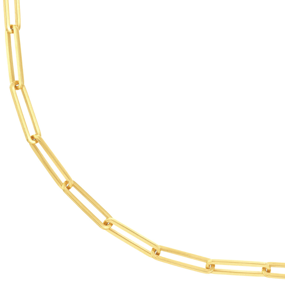 A 14k  Yellow gold paperclip chain necklace up close 