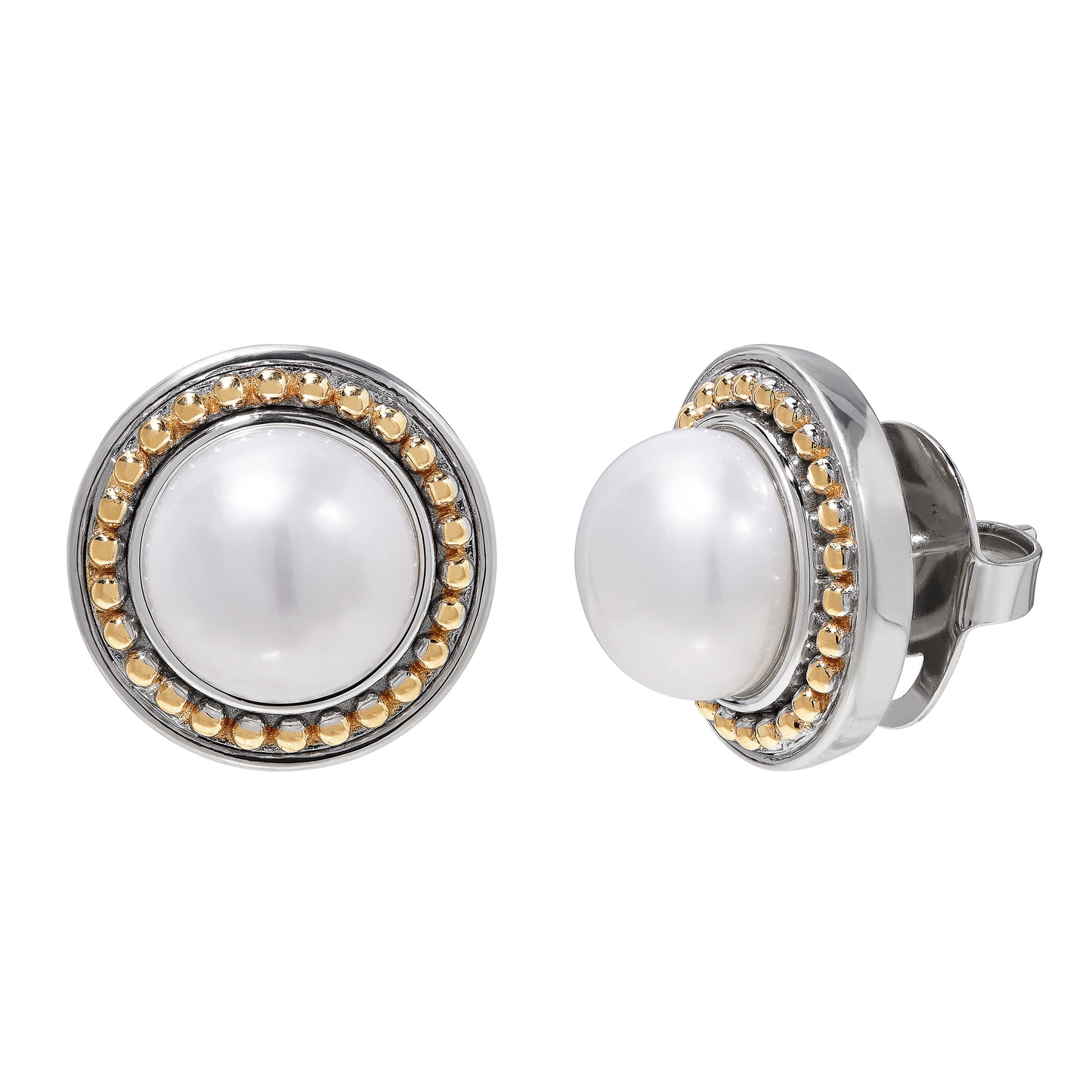 Honora Sterling Silver/14 kt Yellow Gold 10mm Freshwater pearl Button Earrings