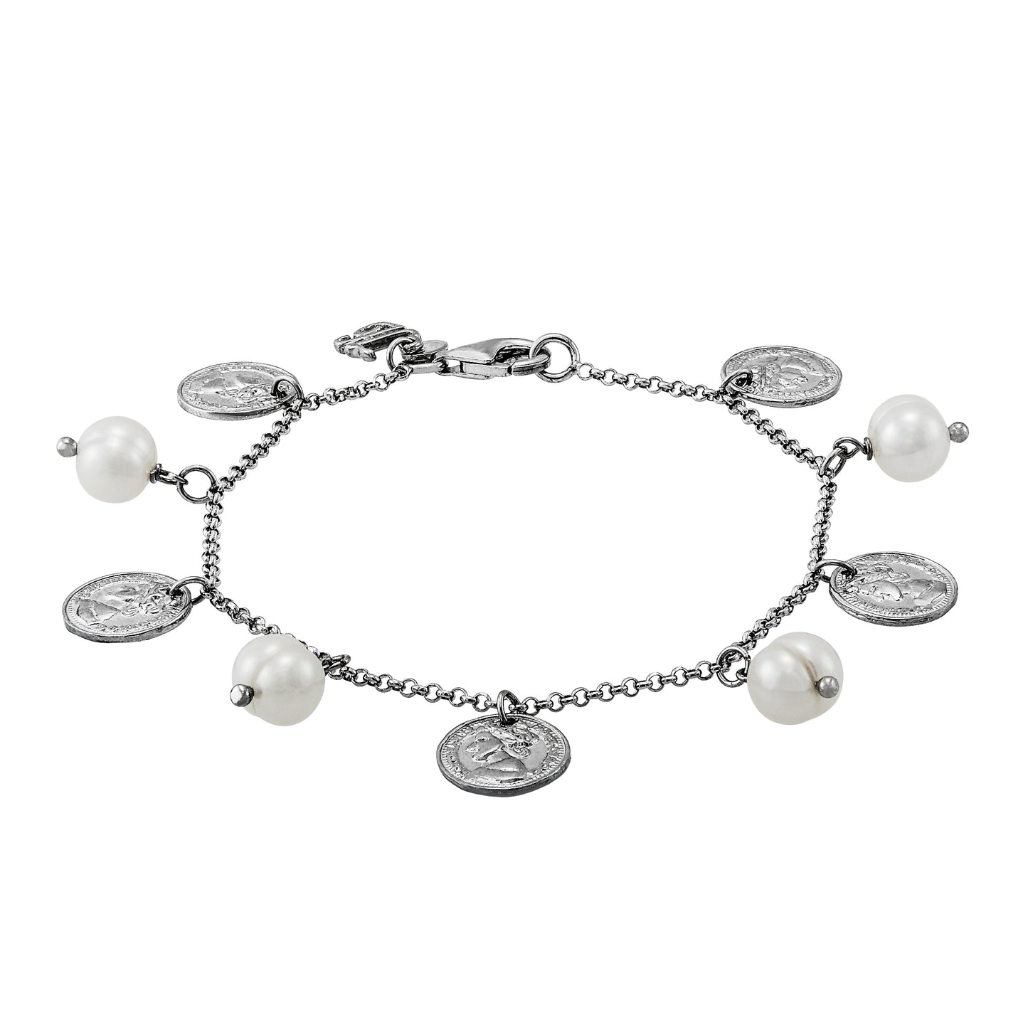 Honora Sterling Silver Bracelet Alternating Coins and Freshwater Pearls