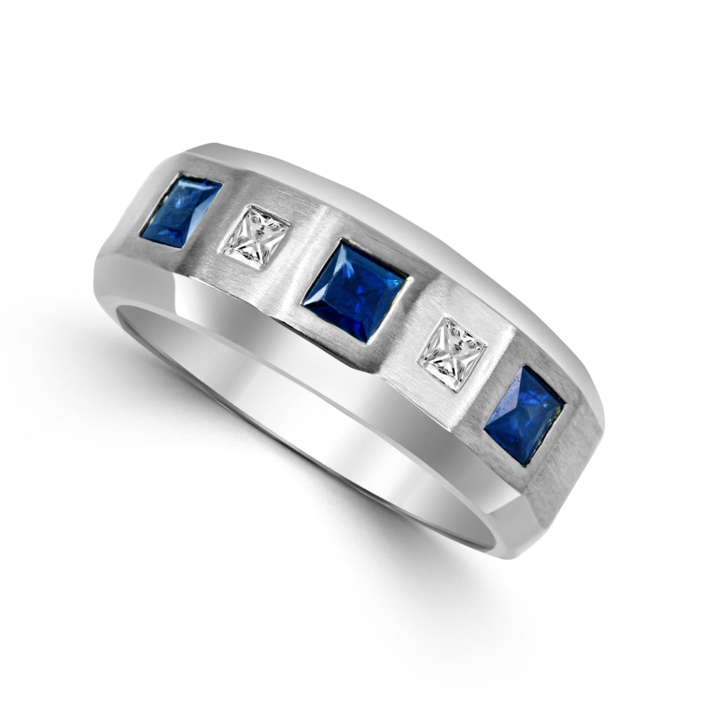 Gents 14k White Gold Alternating Sapphire and Diamond Wedding Band