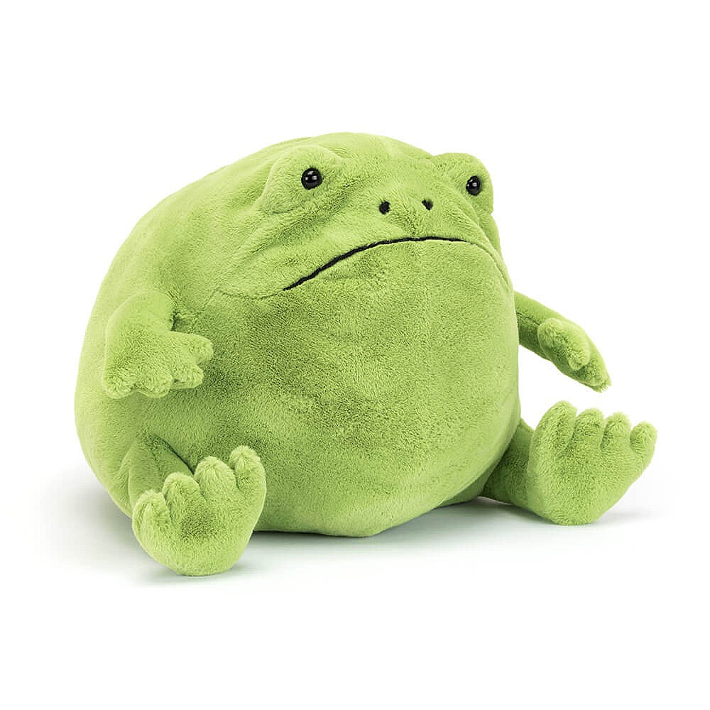 Green plush frog toy on a white background