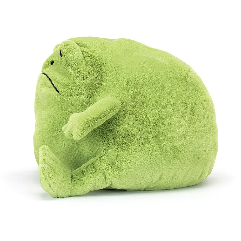 Side of a  green plush frog toy on a white background